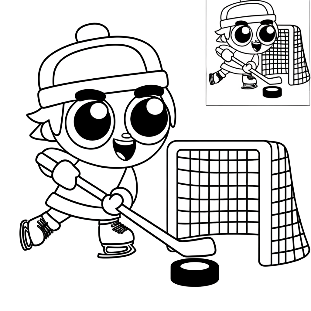 Cartoon hockey player shooting puck into goal coloring page for kids