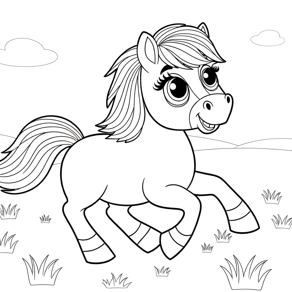 Coloring page of a cartoon horse galloping in a meadow