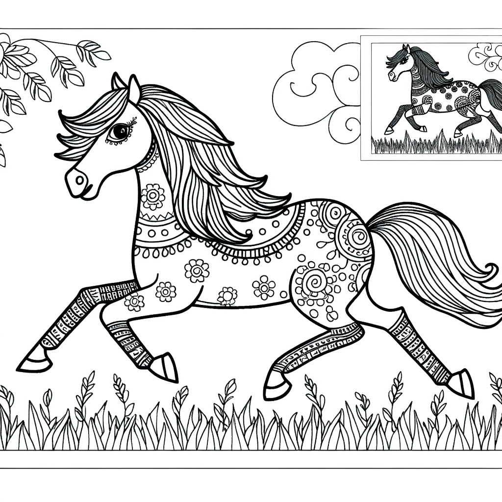 Coloring page of a cartoon horse galloping in a meadow