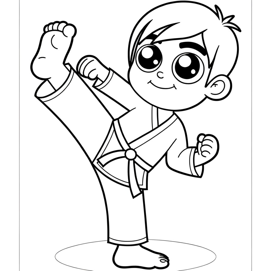Cartoon karate fighter in high kick pose coloring page for kids