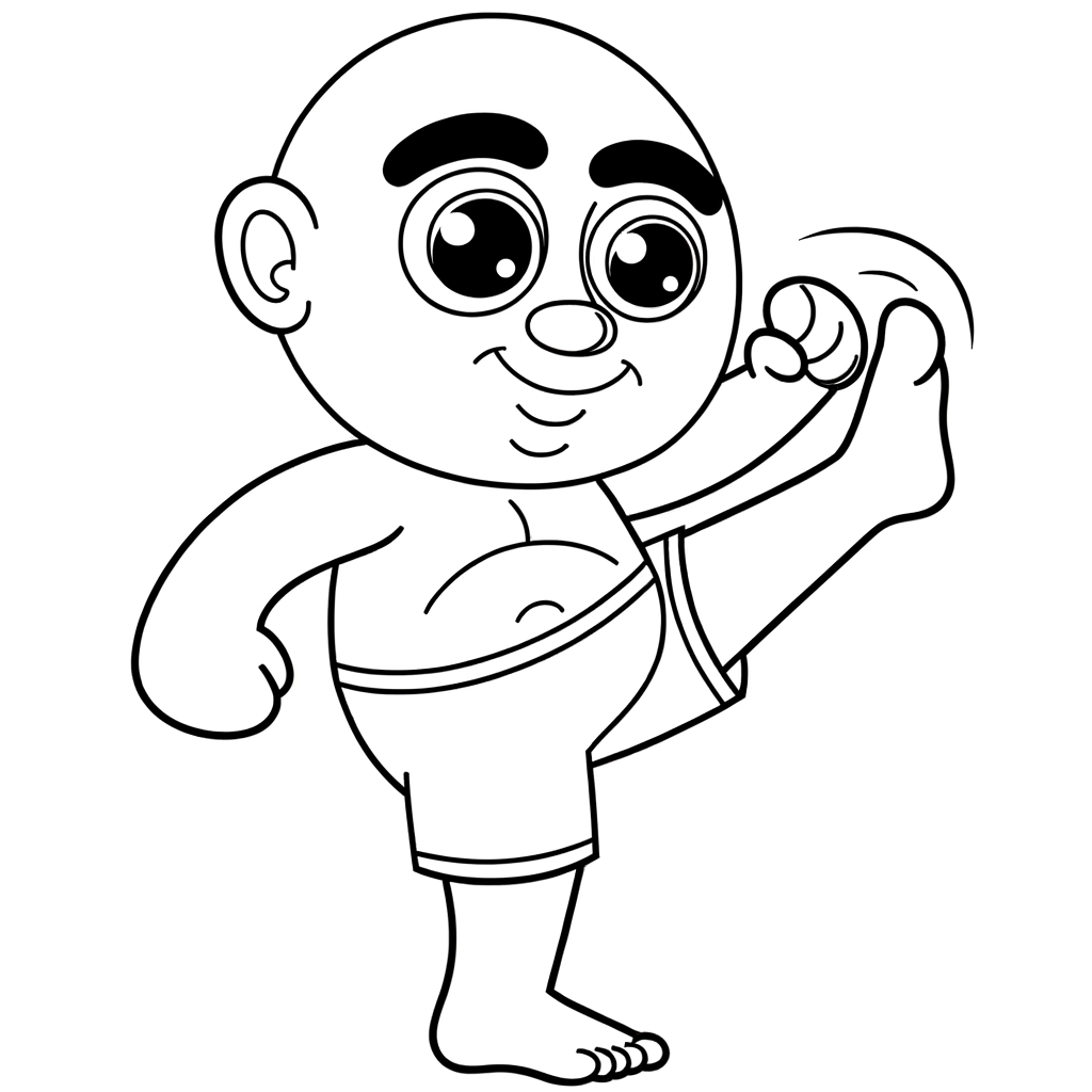Cartoon kickboxer coloring page showing martial artist performing roundhouse kick in dynamic action pose