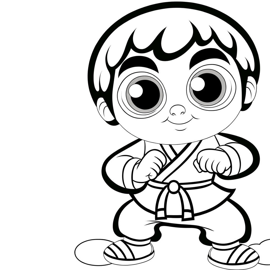 Cartoon kung fu warrior coloring page showing martial artist in fighting stance