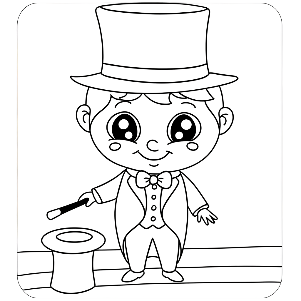 Cartoon magician performing magic trick at party coloring page
