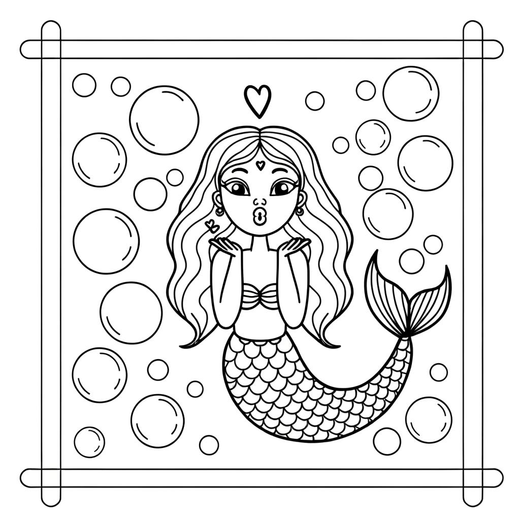 Cartoon mermaid coloring page showing mermaid blowing kiss with bubble hearts floating around