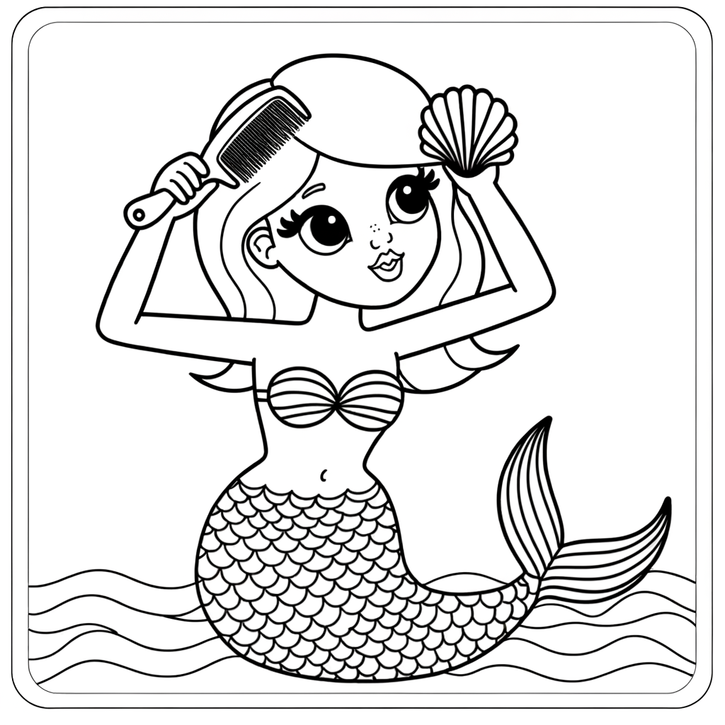 Cartoon mermaid coloring page showing a mermaid with long flowing hair using a seashell as a comb