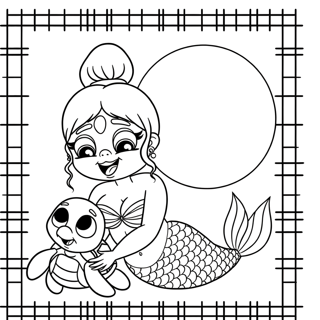 Coloring page showing a cartoon mermaid with flowing hair hugging a smiling sea turtle underwater