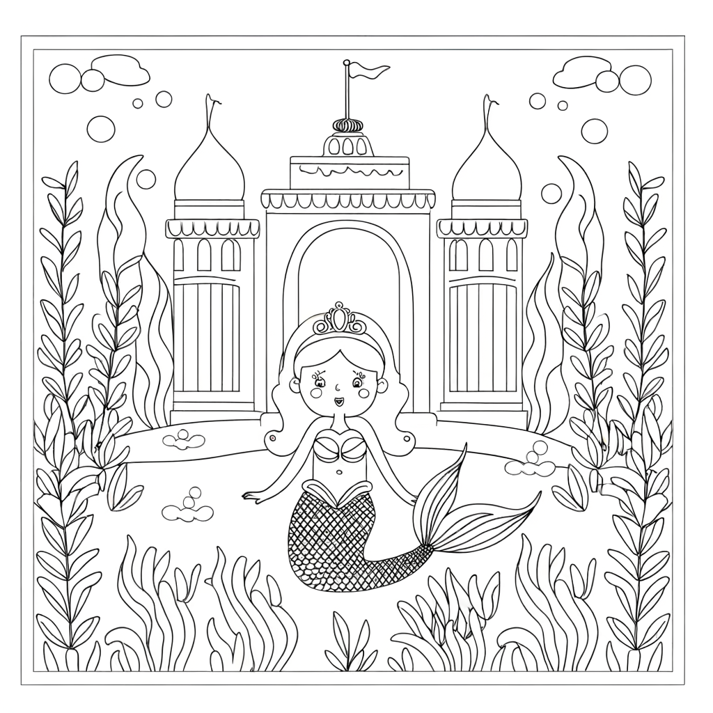 Cartoon mermaid coloring page showing a friendly mermaid character in an underwater palace garden with coral and sea plants