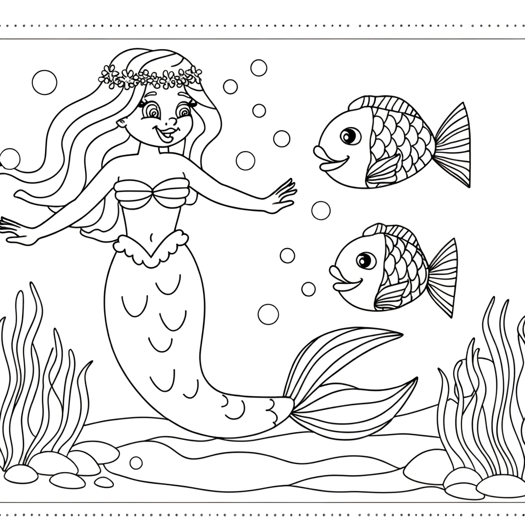 Cartoon mermaid coloring page with tropical fish friends swimming together underwater