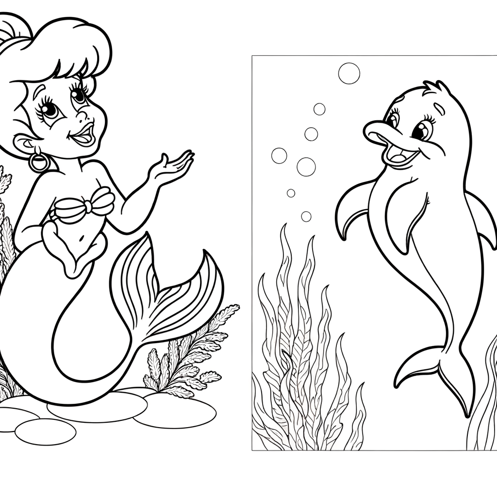 Coloring page showing a cartoon mermaid playing with a friendly dolphin underwater