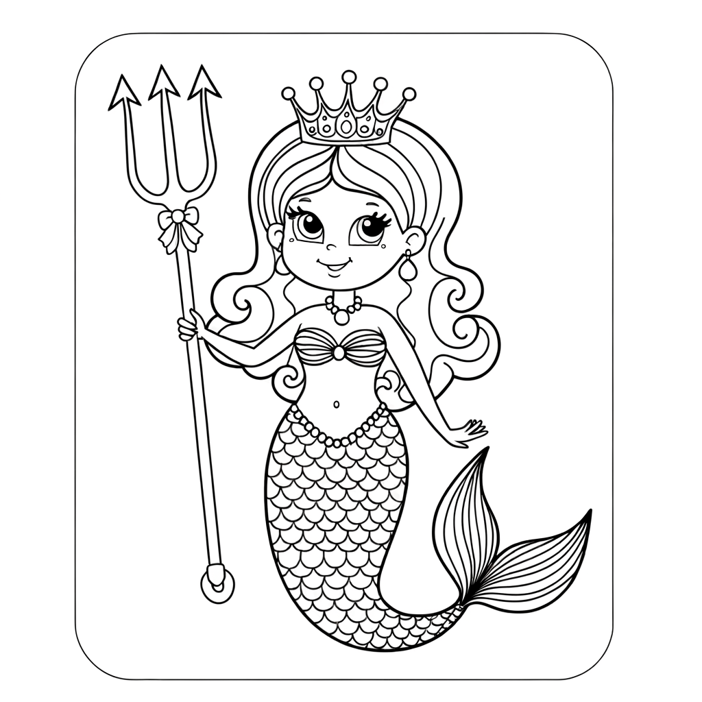 Cartoon mermaid princess coloring page with ornate crown and magical trident for kids to color