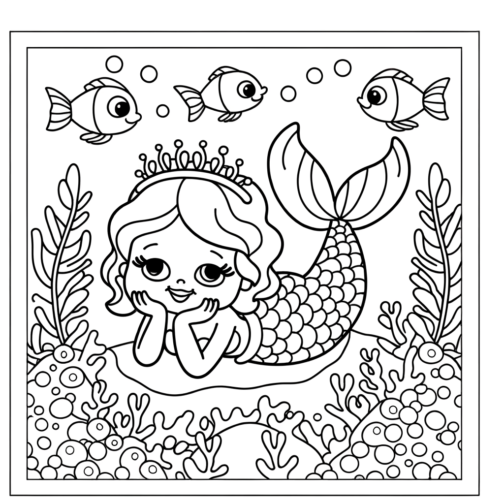 Cartoon mermaid coloring page showing a mermaid resting on coral reef with fish swimming around
