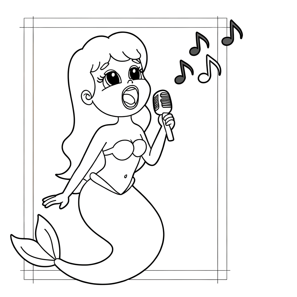 Cartoon mermaid singing with musical notes floating around her - coloring page outline