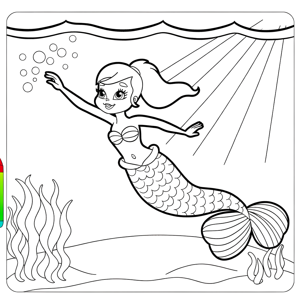 Cartoon mermaid swimming upward toward surface light coloring page
