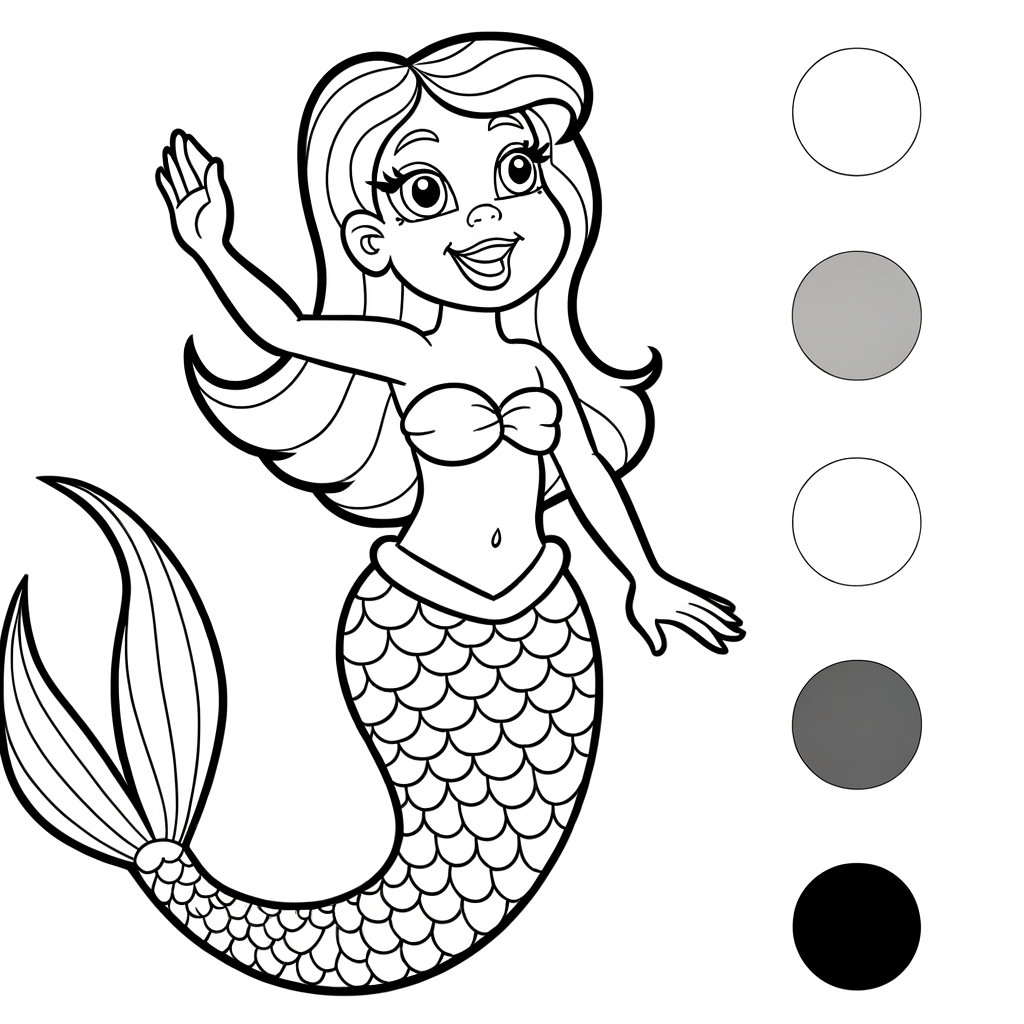 Cartoon mermaid coloring page showing a friendly mermaid waving hello with a smile