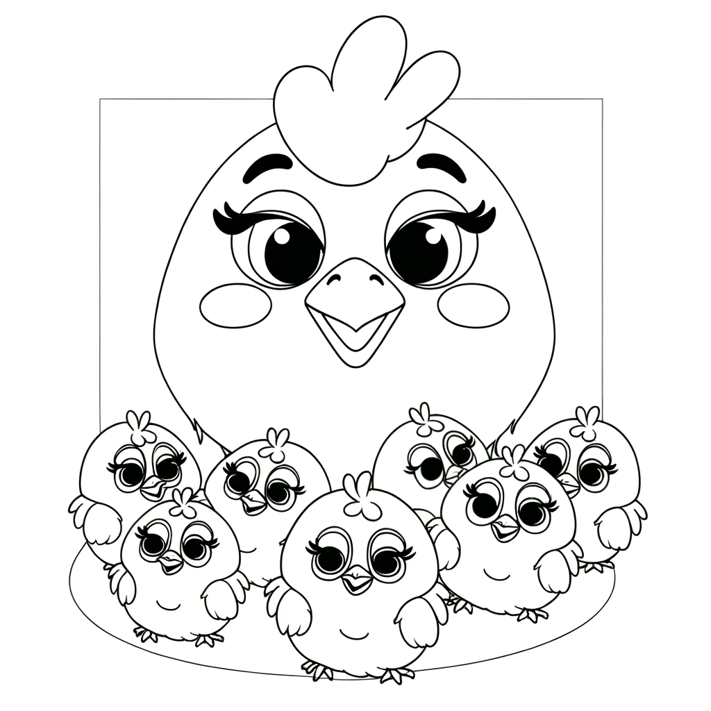 Cartoon mother hen with fluffy baby chicks coloring page
