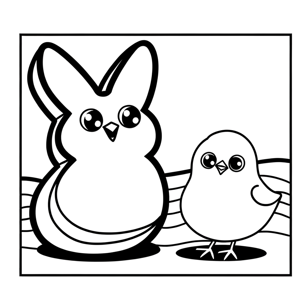 Cartoon coloring page showing cute Peep marshmallow bunny and chick with simple outlines for children to color
