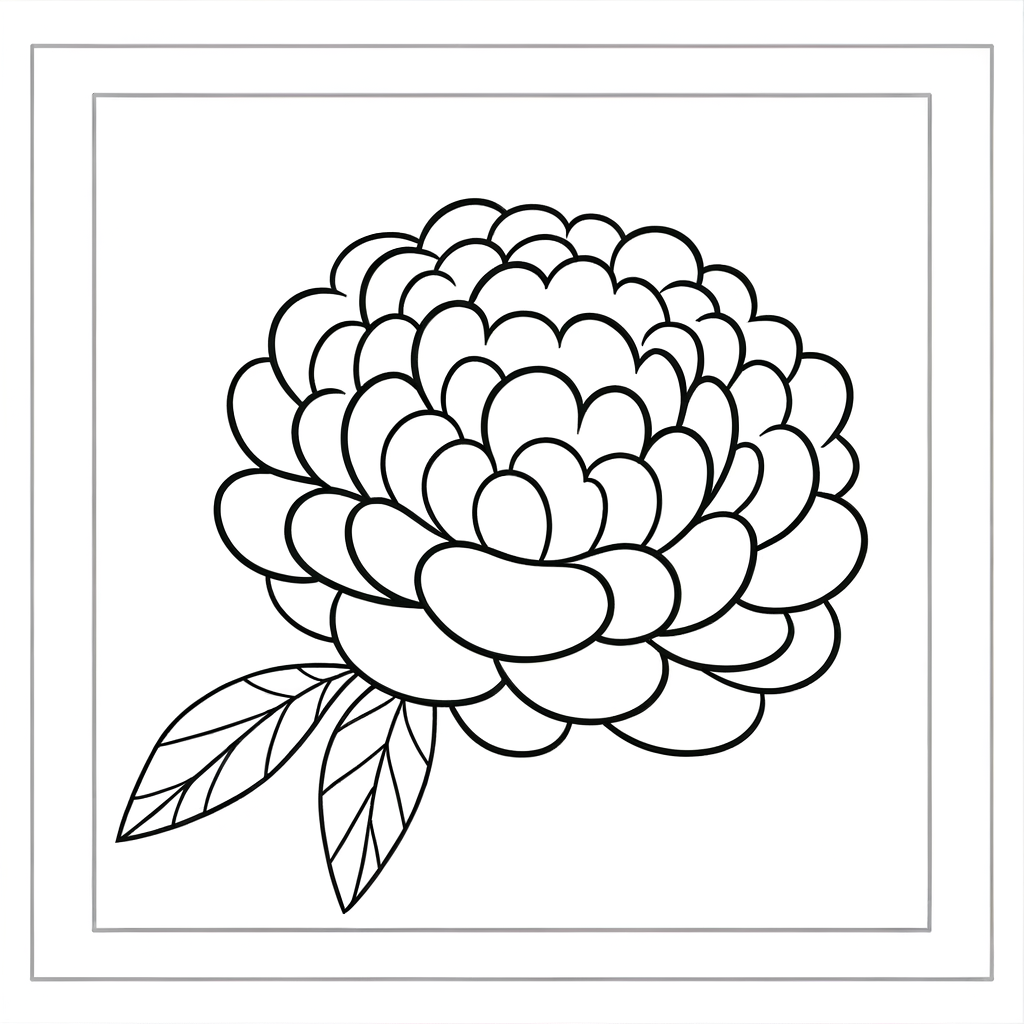 Cartoon peony coloring page with layered fluffy petals outline drawing