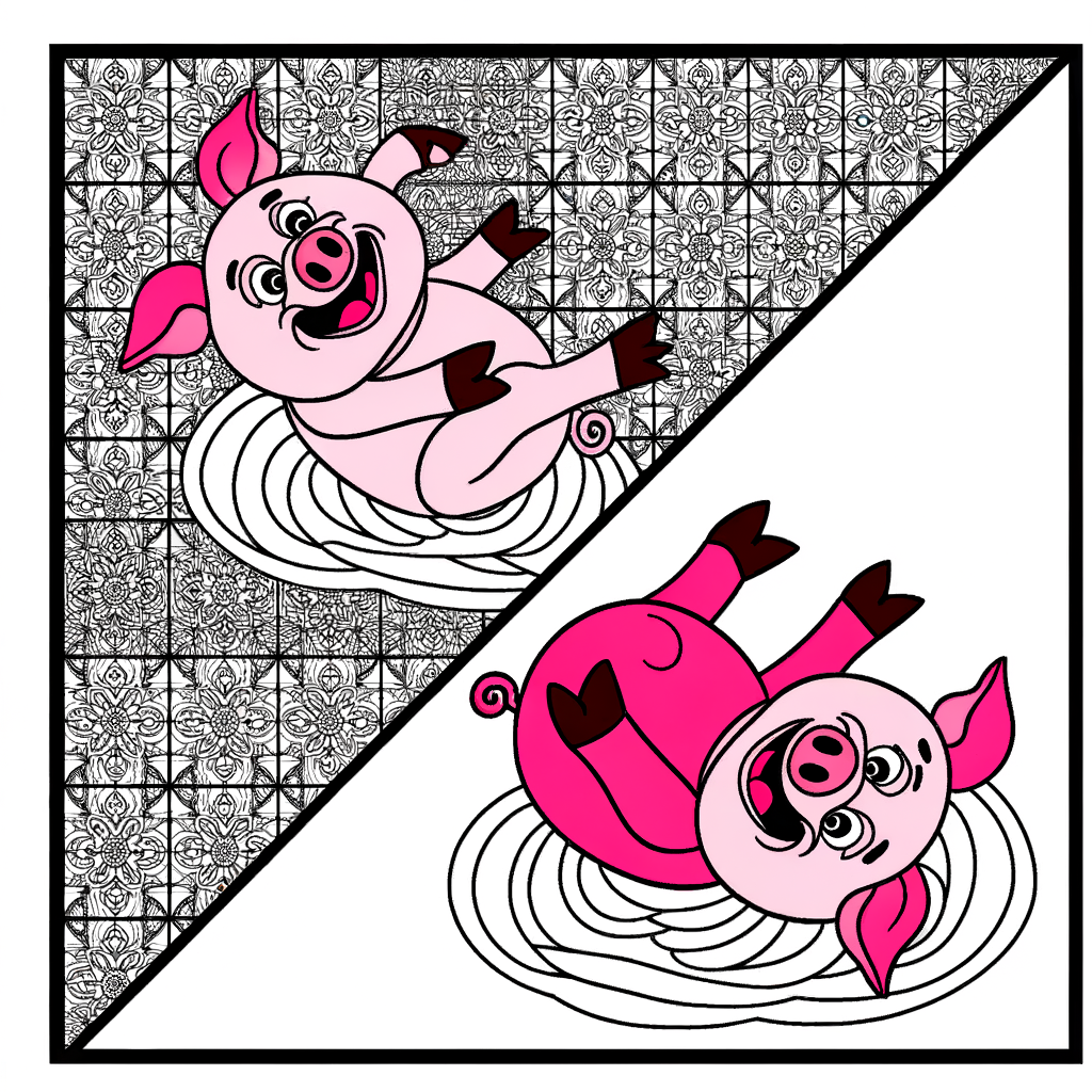 Cartoon-like pink pig rolling happily in mud