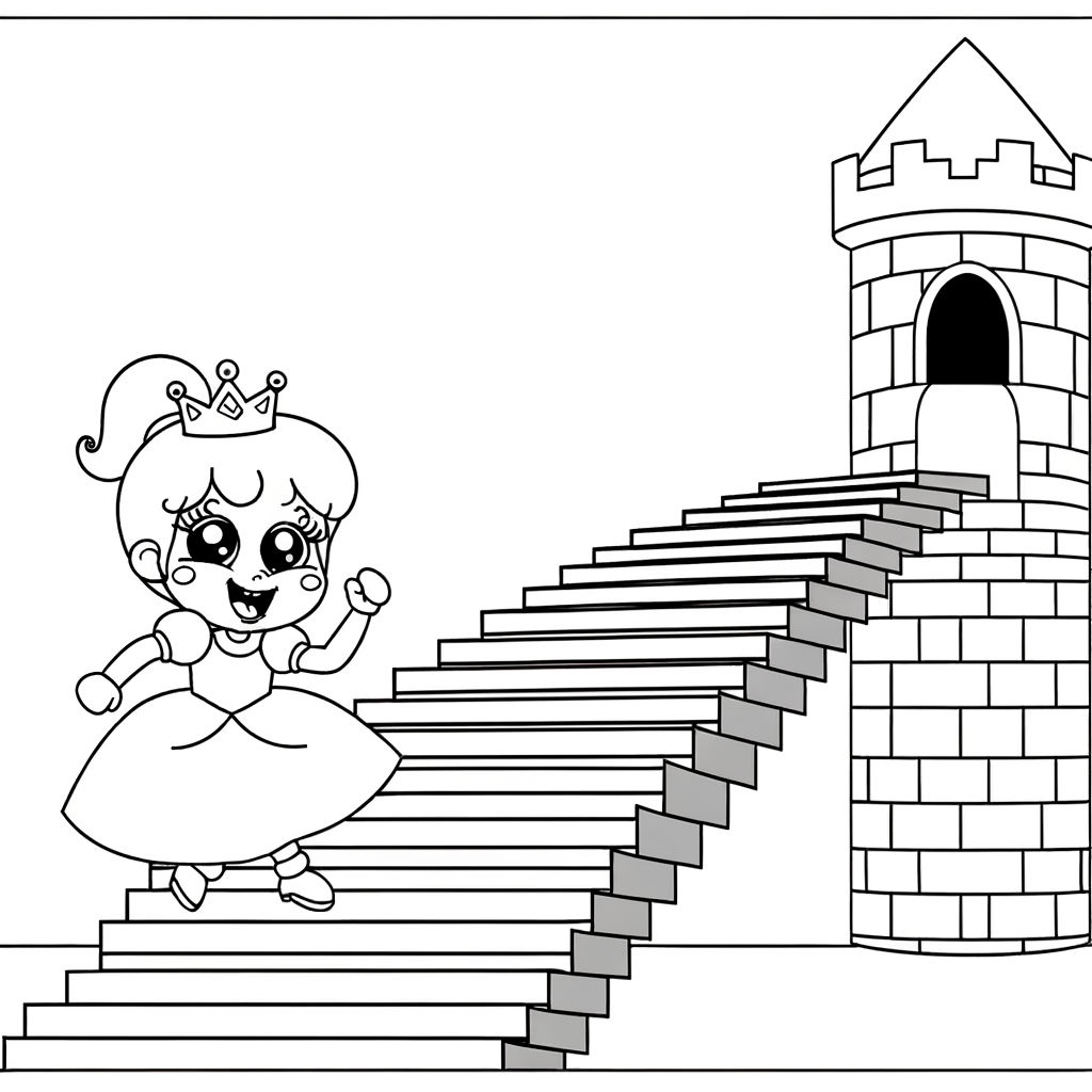 Cartoon princess climbing stone stairs to castle tower coloring page