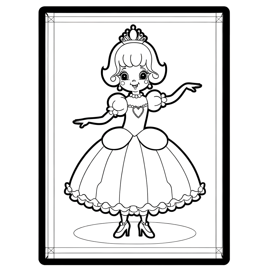 Coloring page of a cartoon princess in a fancy dress dancing at a royal ball