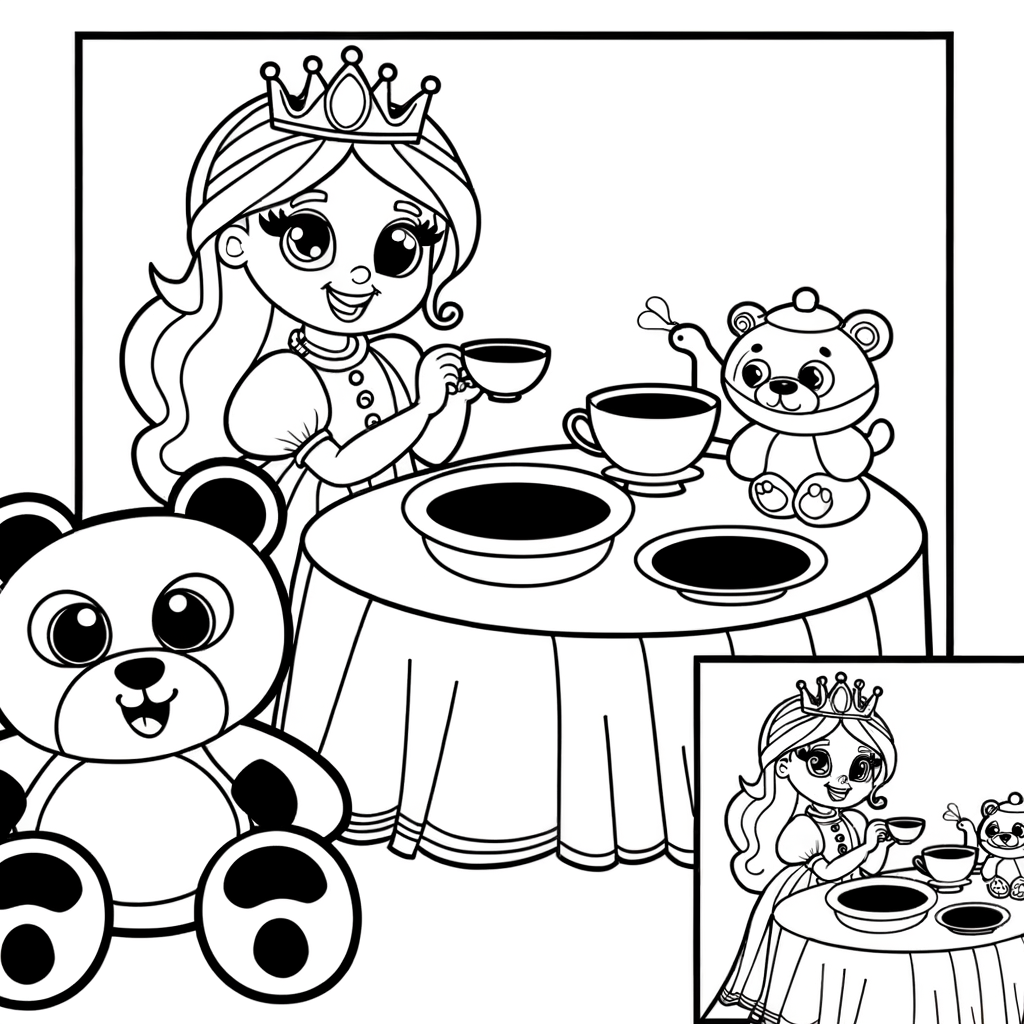Cartoon princess having tea party with stuffed animals coloring page
