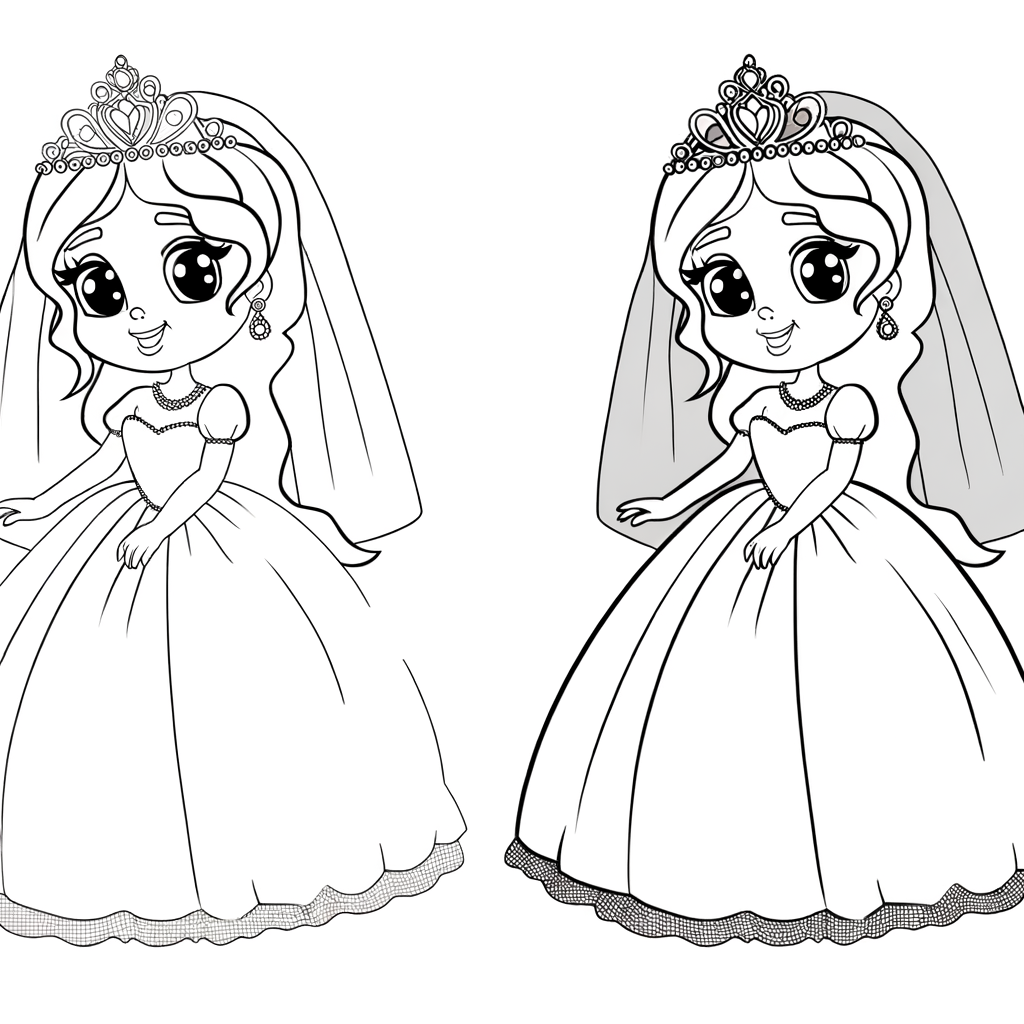 Cartoon princess in wedding dress with veil coloring page