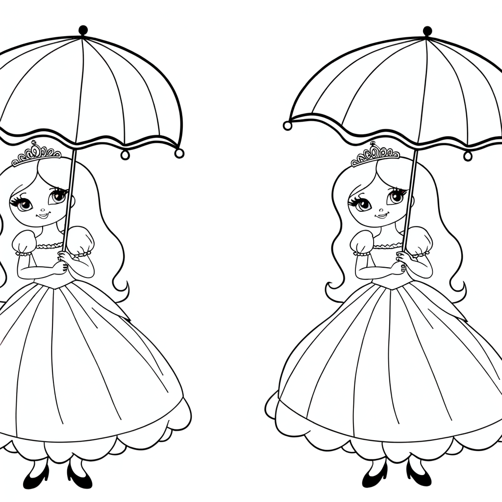 Cartoon princess coloring page with flowing summer dress and parasol