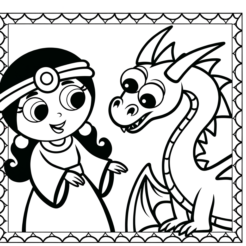 Coloring page illustration of a cartoon princess meeting a friendly dragon