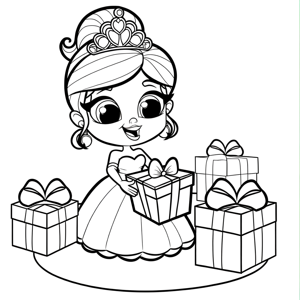 Cartoon princess coloring page showing a princess opening birthday presents at a party