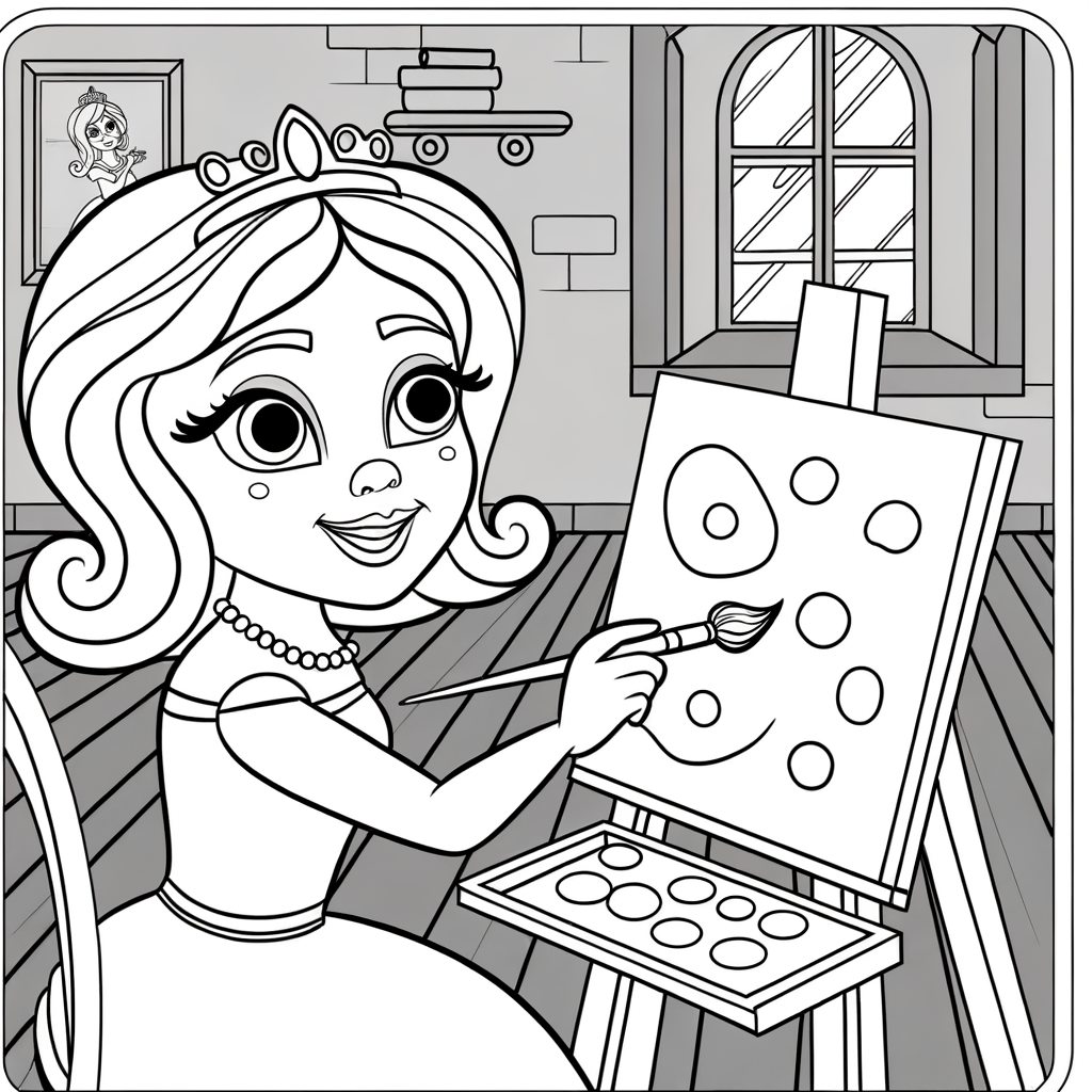 Cartoon princess painting at easel in art room coloring page