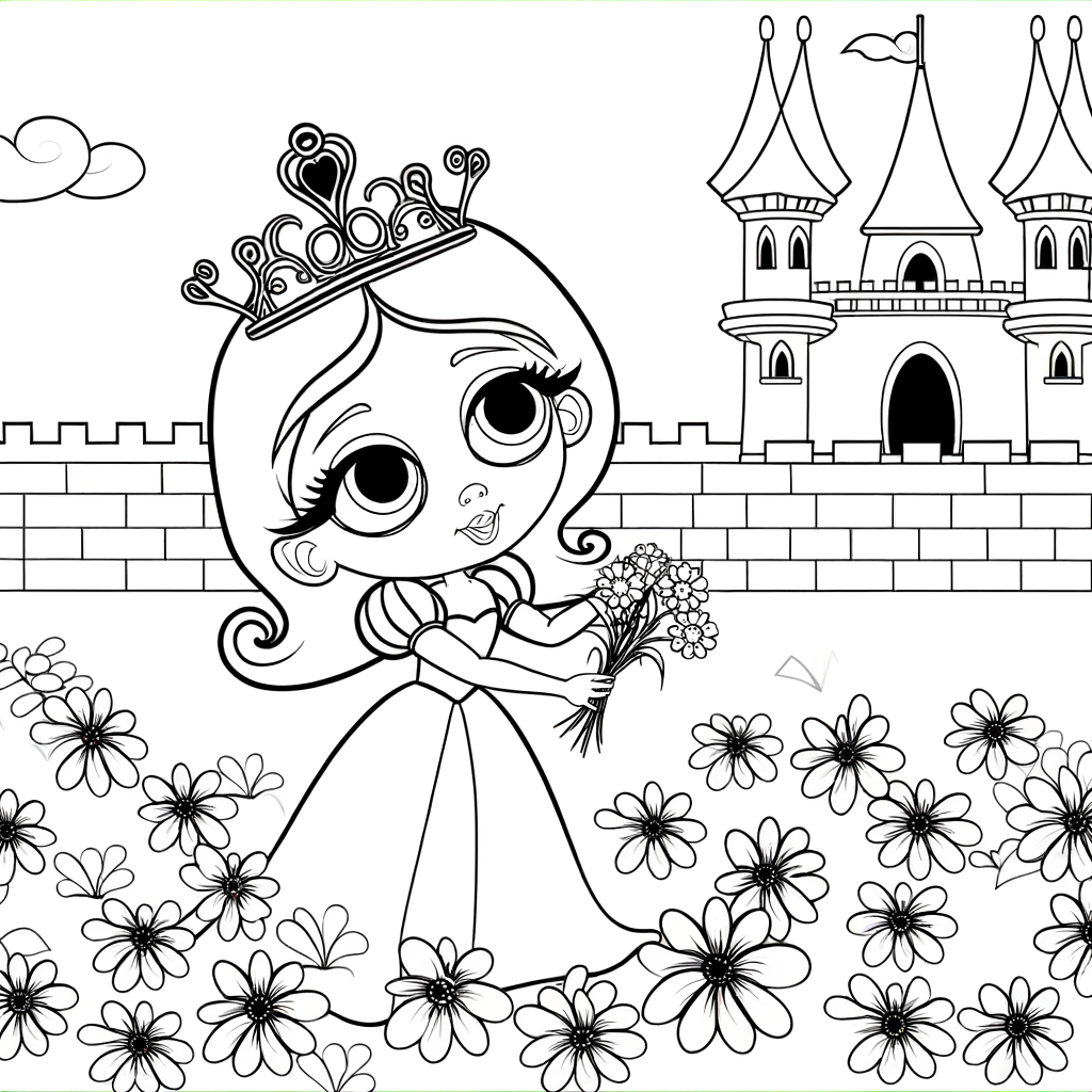 Cartoon princess picking flowers in palace gardens coloring page
