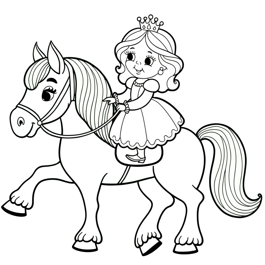 Cartoon princess riding white horse coloring page for kids