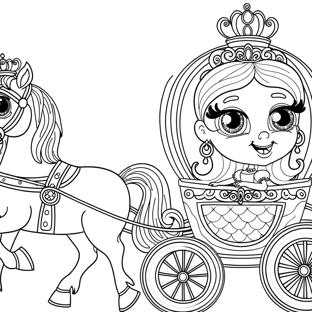 Cartoon princess in decorated horse-drawn carriage coloring page for children