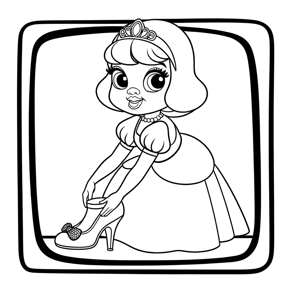 Cartoon princess trying on glass slipper coloring page
