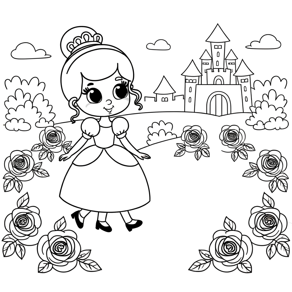 Cartoon princess walking through castle rose garden coloring page