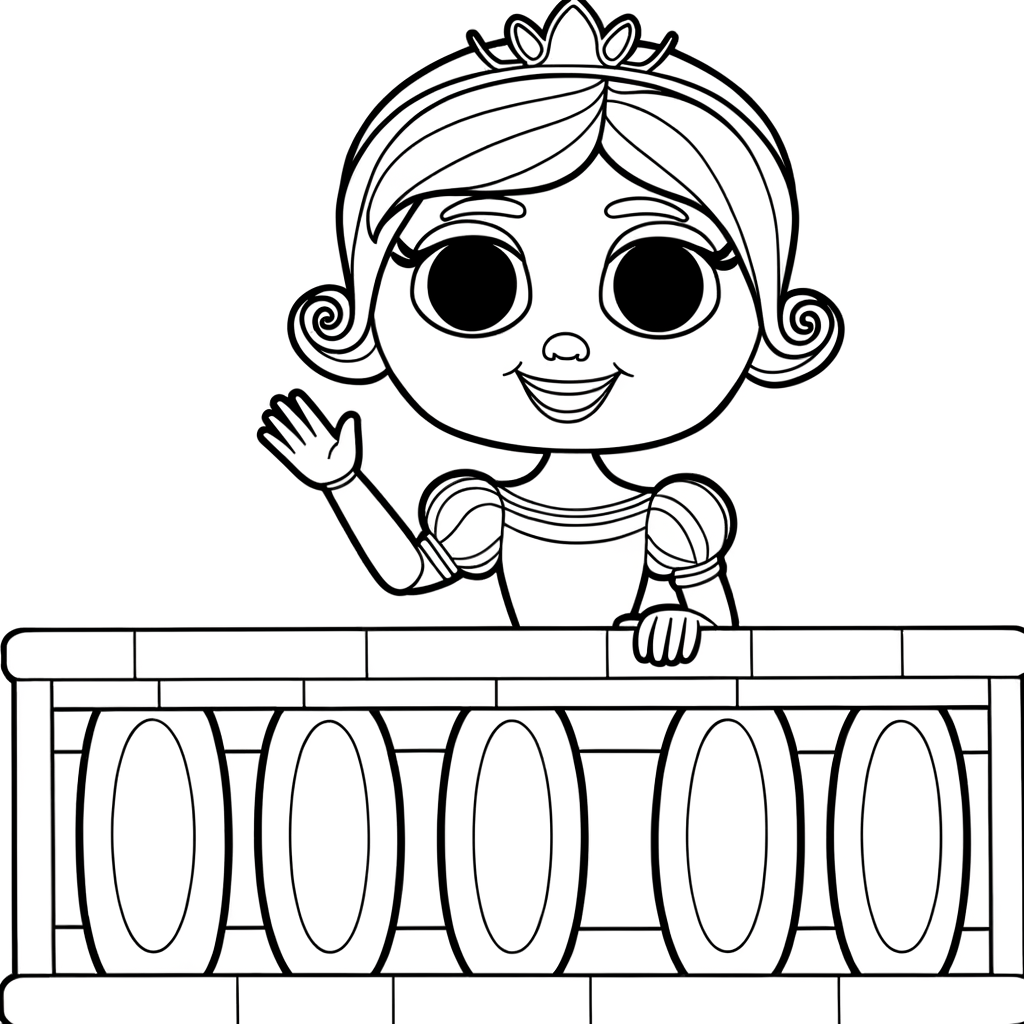Coloring page of cartoon princess waving from royal castle balcony to crowd