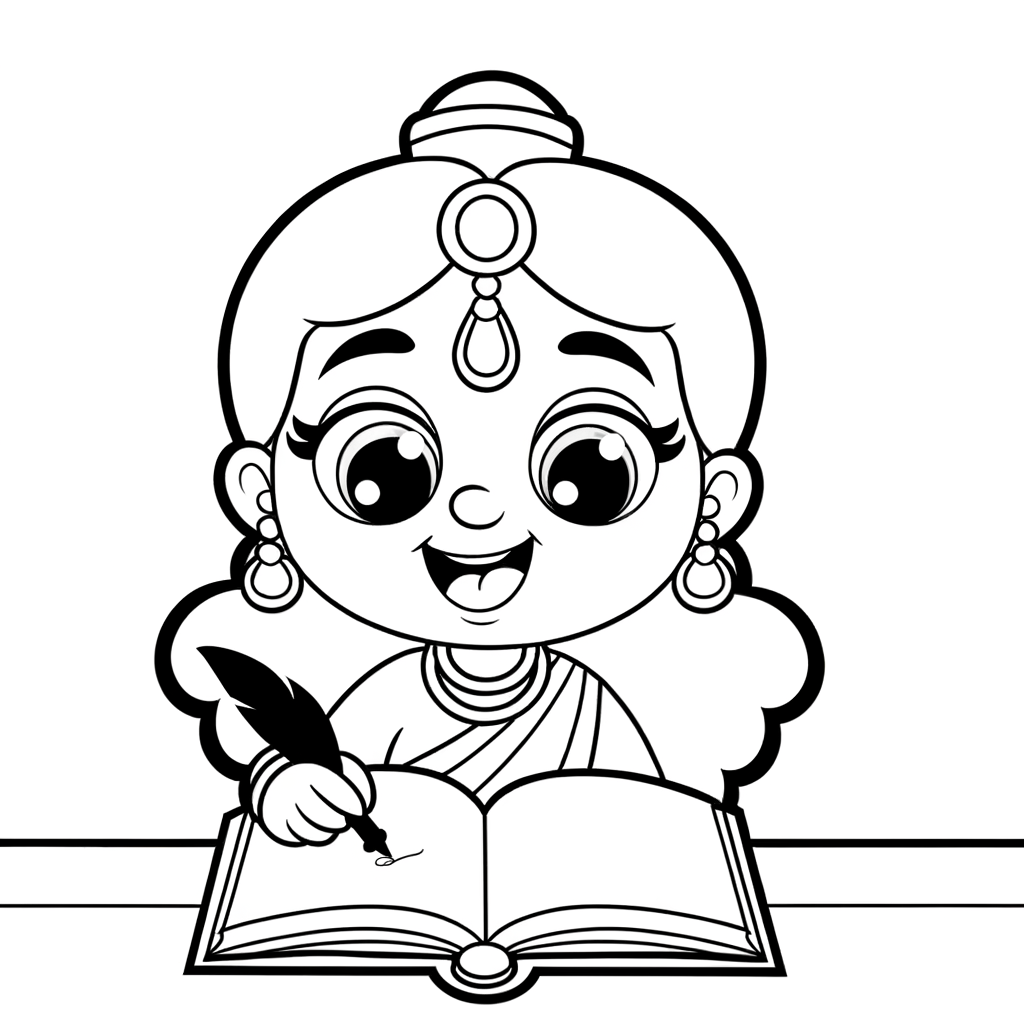 Cartoon princess coloring page showing a royal character writing in her diary with a quill pen