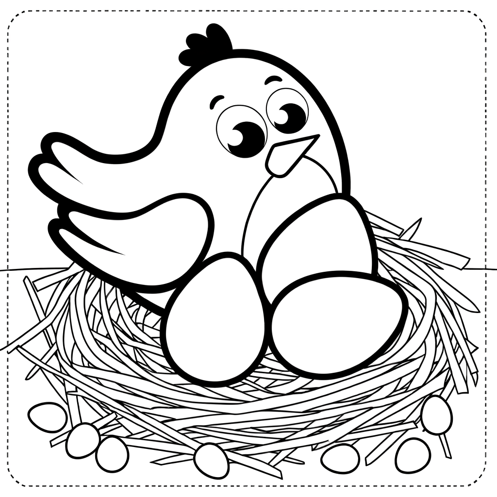 Cartoon robin bird coloring page with eggs in nest for spring