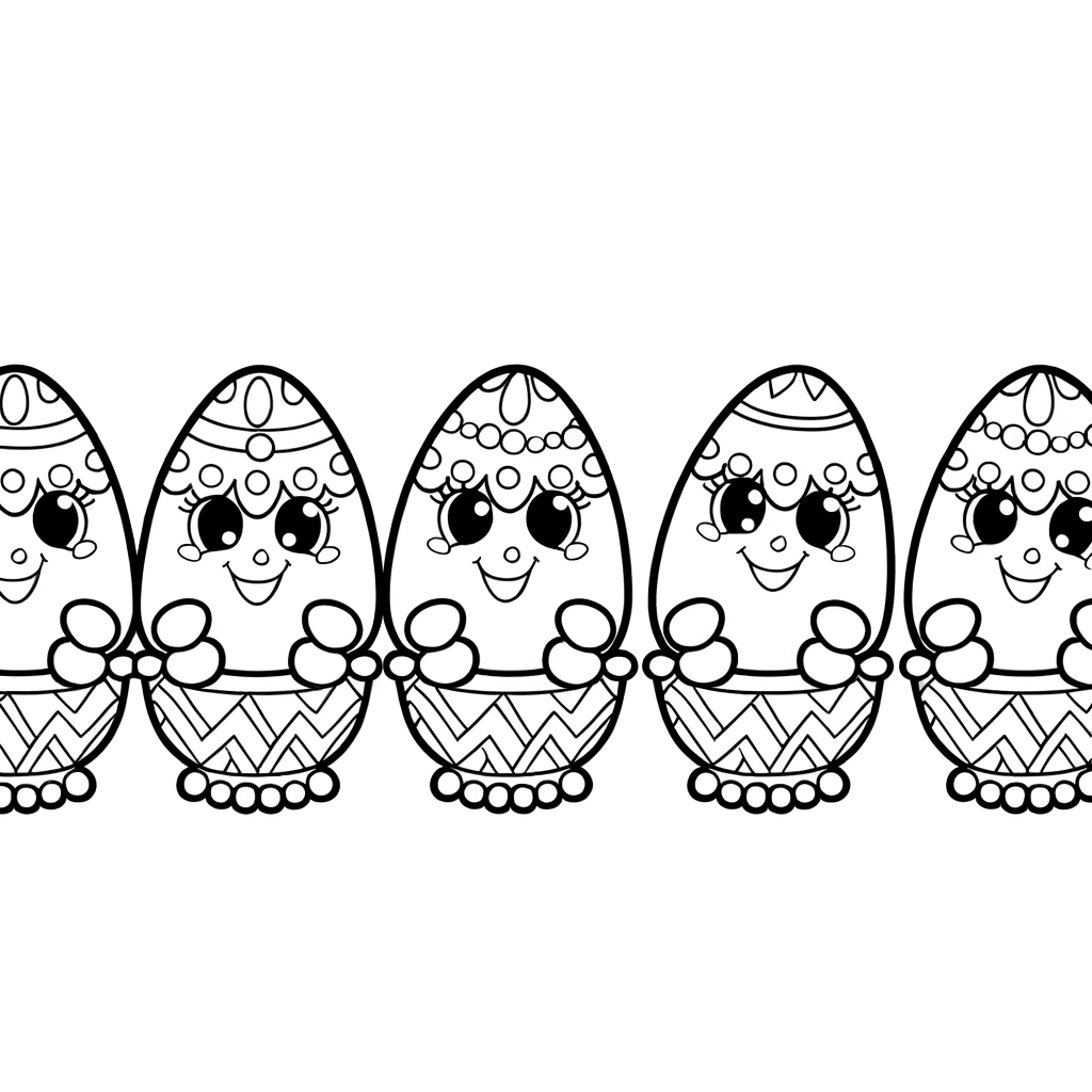 Cartoon-style coloring page showing a row of decorated Easter eggs with various patterns