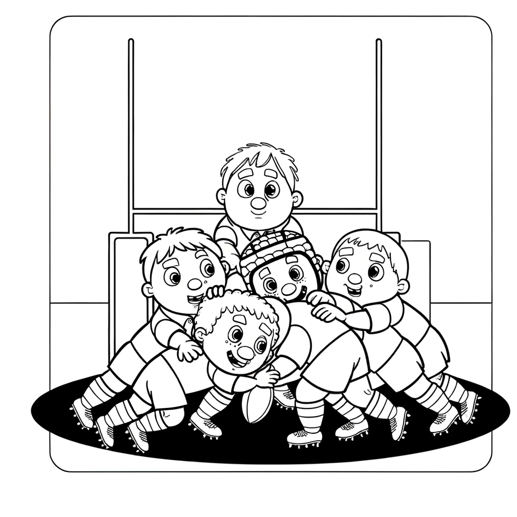 Cartoon rugby scrum coloring page with multiple players pushing in formation