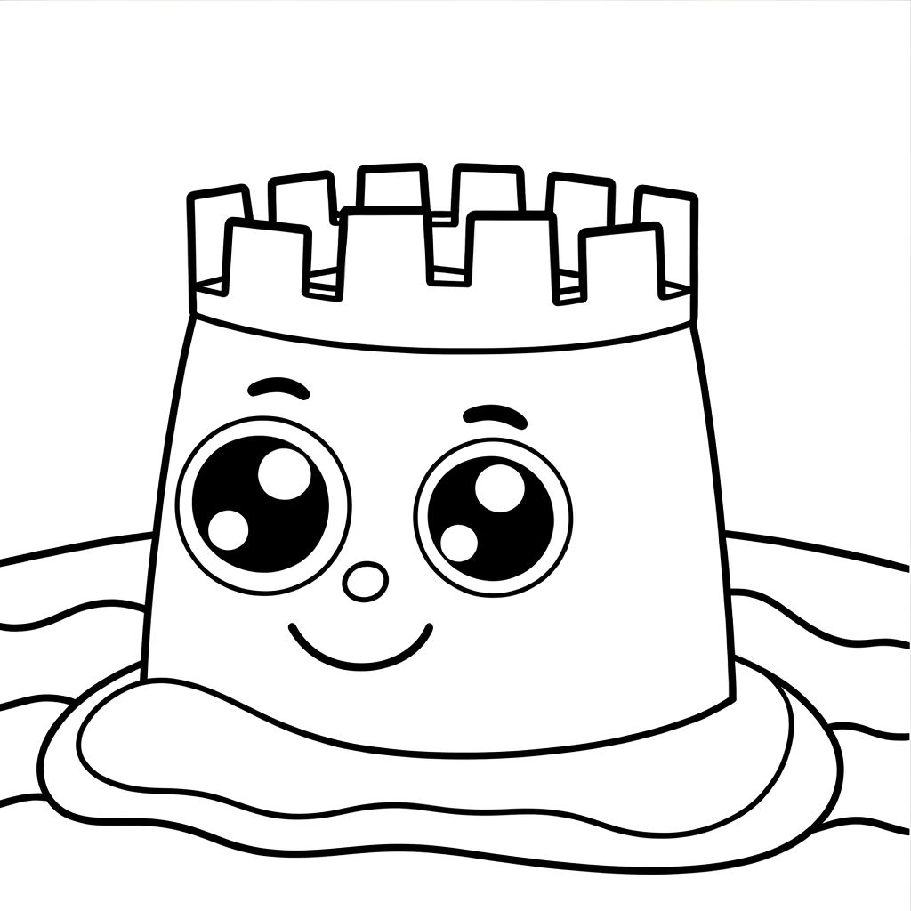 Cartoon sand castle coloring page with towers, flags and royal castle features