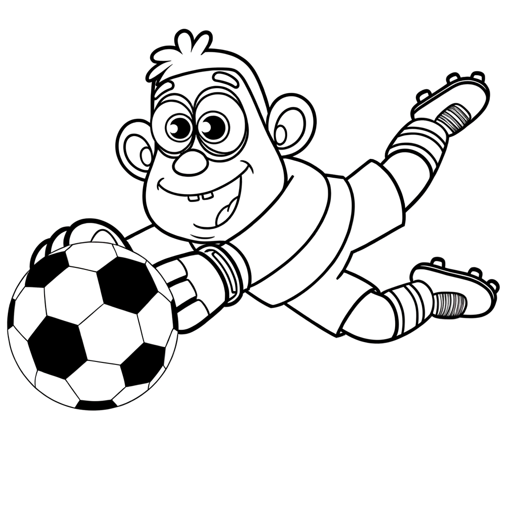 Cartoon soccer goalkeeper diving to save ball coloring page