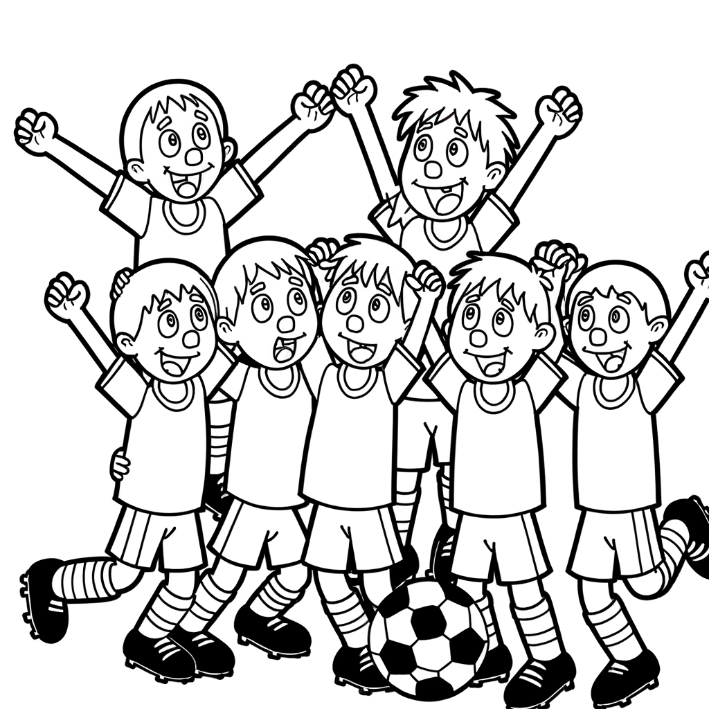 Cartoon soccer team players celebrating and cheering together after scoring a goal coloring page