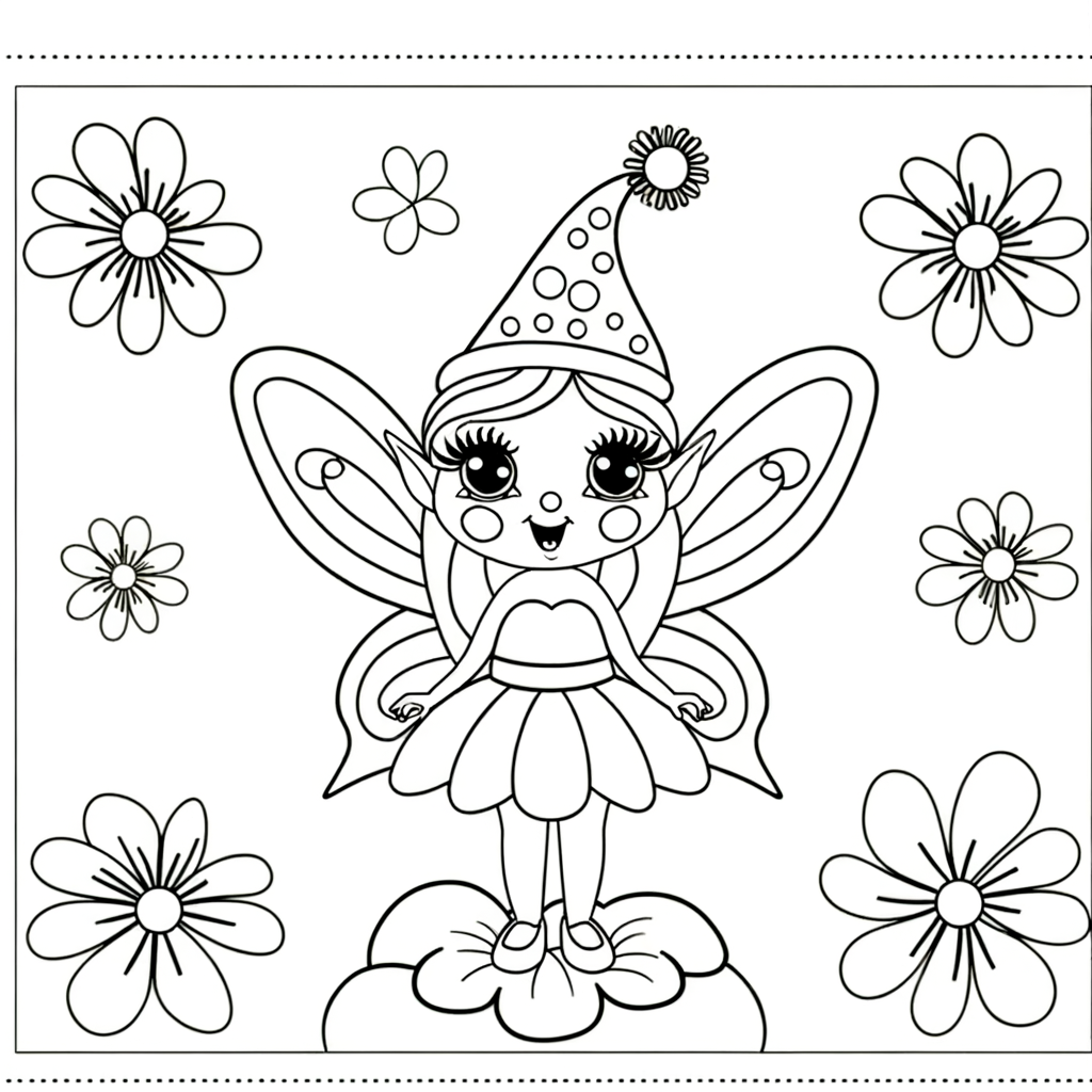 Cartoon spring fairy coloring page with blooming flowers surrounding a magical fairy character