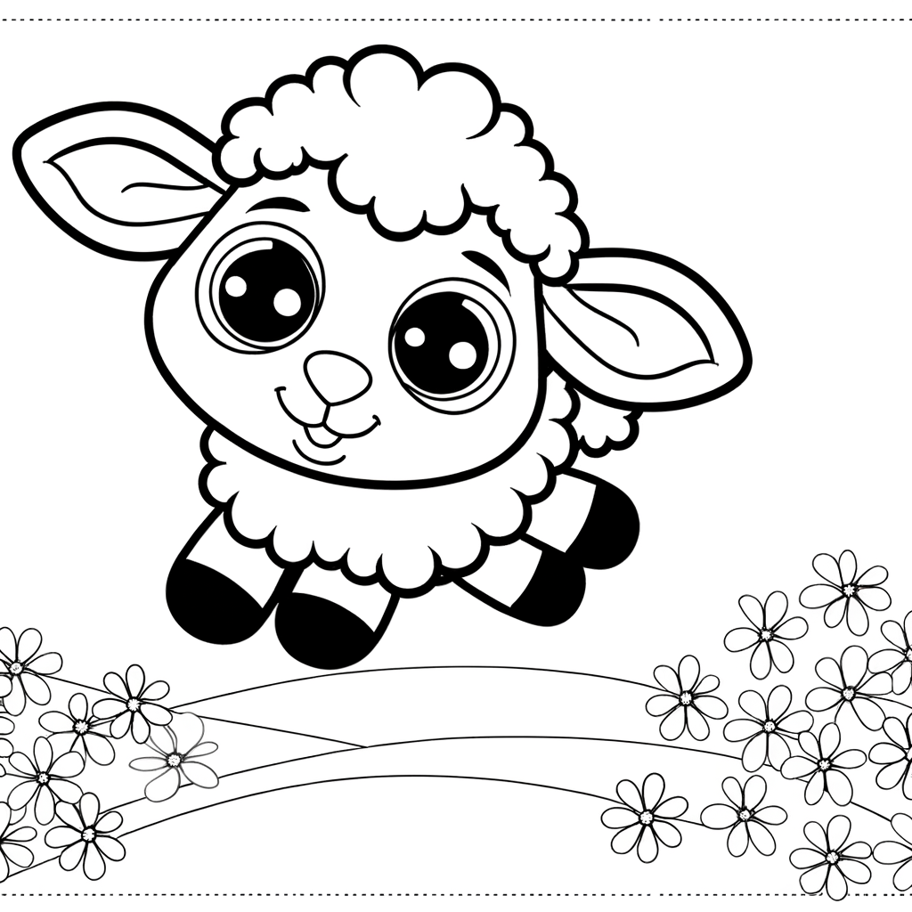 Coloring page of a cute cartoon lamb jumping in a flower meadow with various blooms