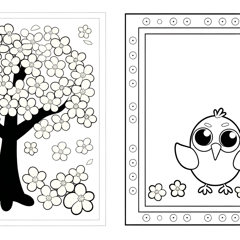 Cartoon spring tree coloring page with blossoms and bird perched on branch