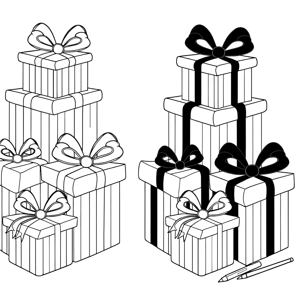 Cartoon stack of wrapped birthday presents with decorative bows coloring page