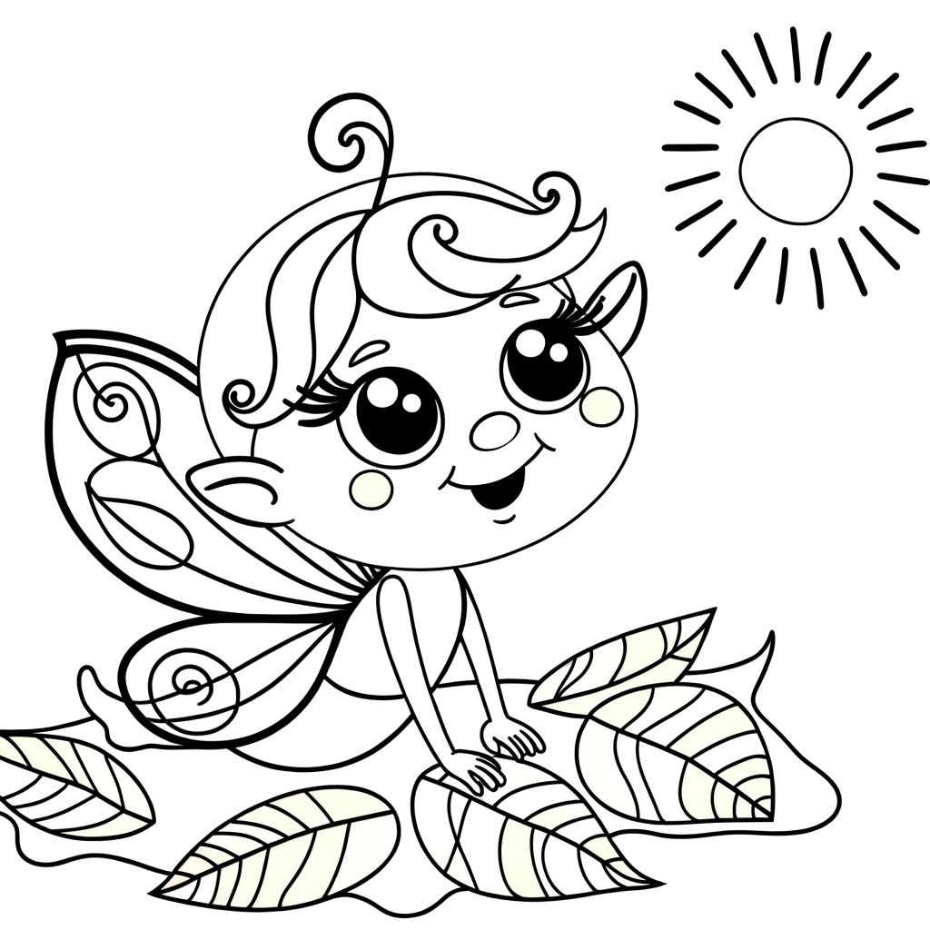 Cartoon summer fairy coloring page showing a cute fairy character basking in warm sunshine