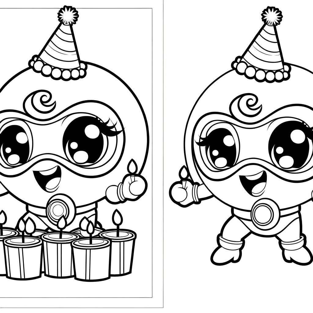 Cartoon superhero birthday party coloring page with balloons and celebration decorations