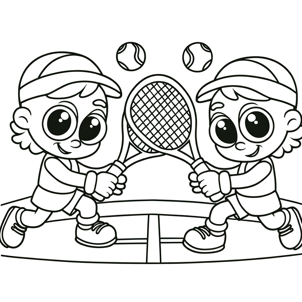 Cartoon tennis doubles match coloring page showing four players in action on a tennis court